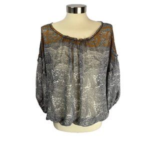 Medium Studio M Women's Sheer Black White Paisley Blouse Banded Sleeves and Hem